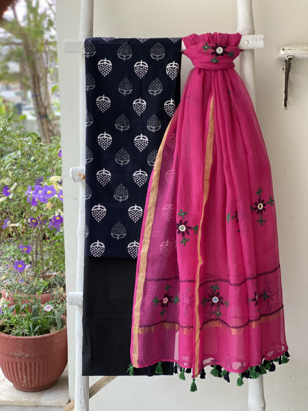 BLACK & PINK PHULWARI HAND EMBROIDERED KOTA DUPATTA SET