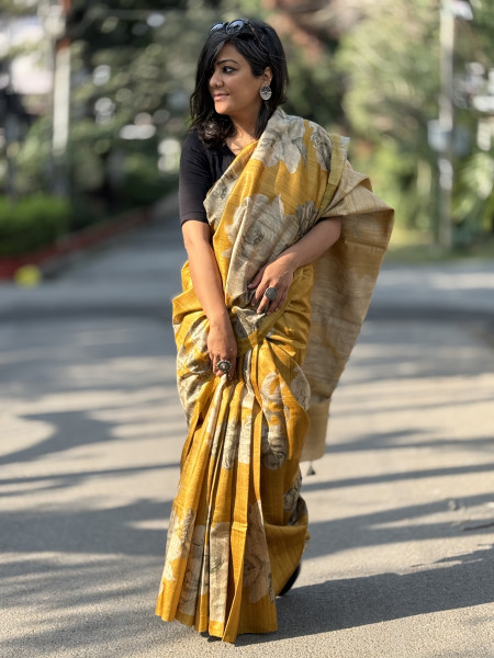 MUSTARD FLORAL PRINT TUSSAR SILK SARI