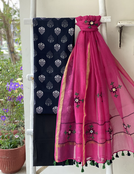 BLACK & PINK PHULWARI HAND EMBROIDERED KOTA DUPATTA SET