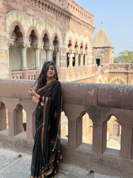 BLACK  KOTA COTTON HAND EMBROIDERED SARI