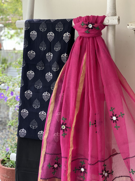 BLACK & PINK PHULWARI HAND EMBROIDERED KOTA DUPATTA SET