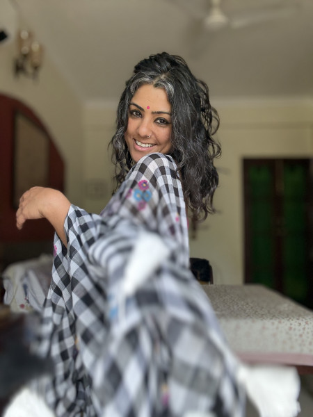 BLACK GINGHAM CHECKS WITH HAND PAINTING MULMUL COTTON SARI