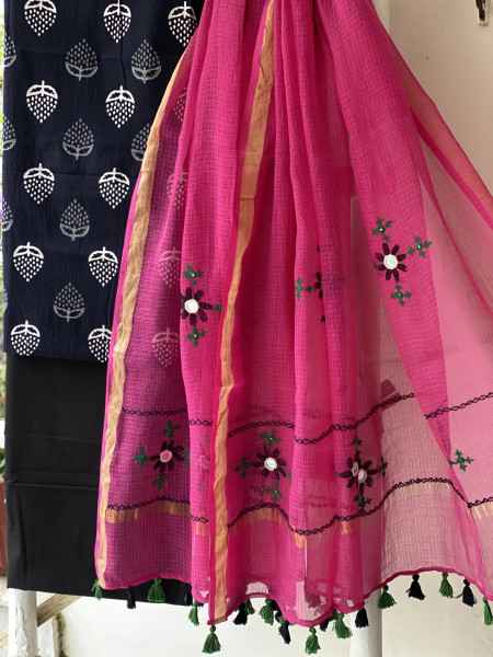 BLACK & PINK PHULWARI HAND EMBROIDERED KOTA DUPATTA SET