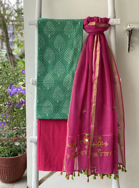 GREEN & PINK PHULWARI HAND EMBROIDERED KOTA DUPATTA SET