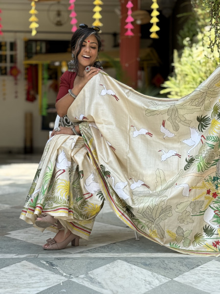 BEIGE KANTHA HAND EMBROIDERED TUSSAR  SILK SARI