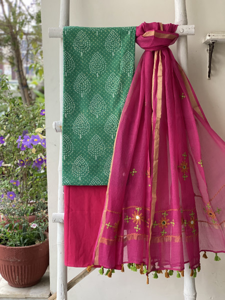 GREEN & PINK PHULWARI HAND EMBROIDERED KOTA DUPATTA SET
