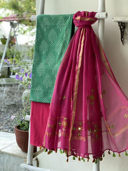 GREEN & PINK PHULWARI HAND EMBROIDERED KOTA DUPATTA SET