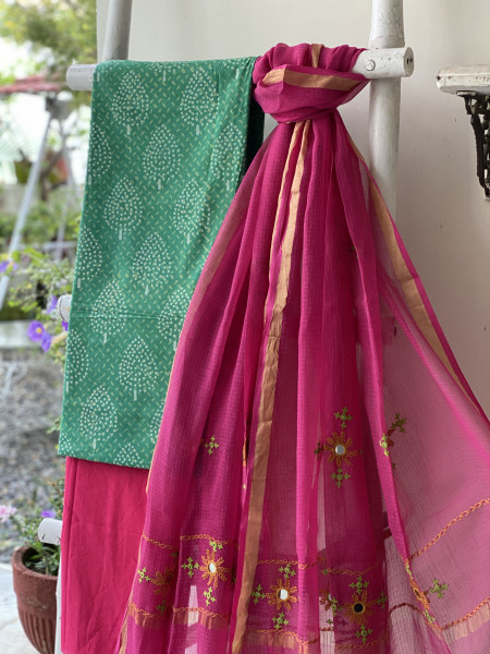 GREEN & PINK PHULWARI HAND EMBROIDERED KOTA DUPATTA SET