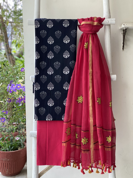 BLACK & ROSE PHULWARI HAND EMBROIDERED KOTA DUPATTA SET