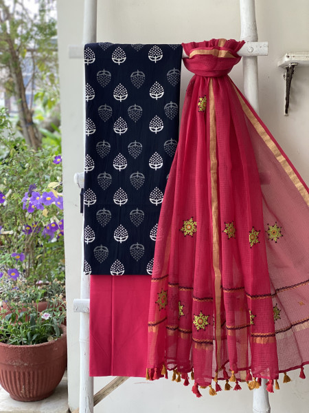 BLACK & ROSE PHULWARI HAND EMBROIDERED KOTA DUPATTA SET