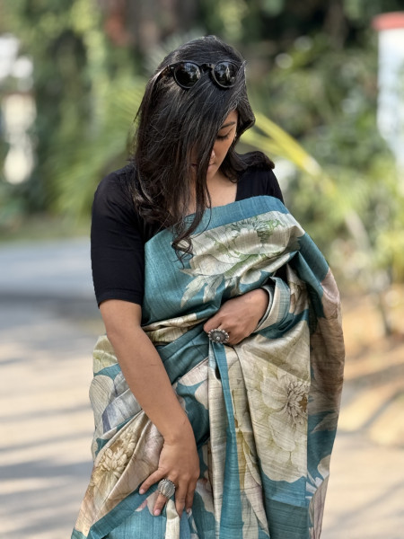 TEAL FLORAL PRINT TUSSAR SILK SARI