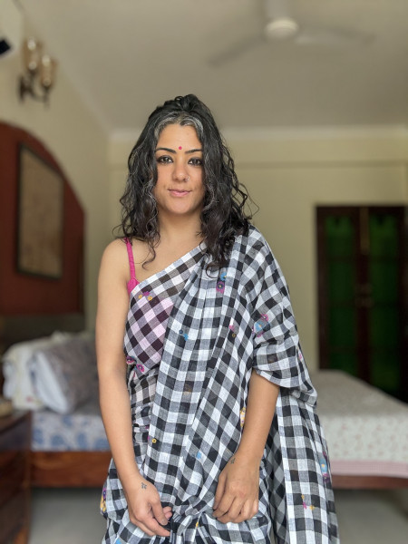 BLACK GINGHAM CHECKS WITH HAND PAINTING MULMUL COTTON SARI