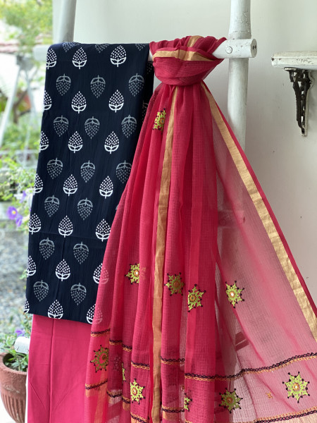 BLACK & ROSE PHULWARI HAND EMBROIDERED KOTA DUPATTA SET
