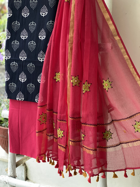 BLACK & ROSE PHULWARI HAND EMBROIDERED KOTA DUPATTA SET