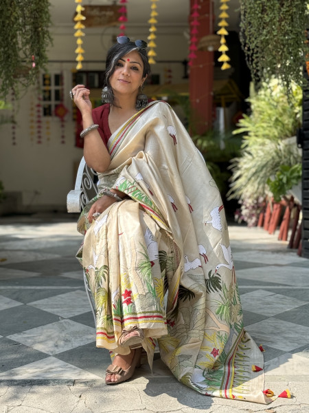 BEIGE KANTHA HAND EMBROIDERED TUSSAR  SILK SARI