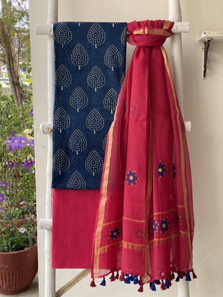 INDIGO & ROSE PHULWARI HAND EMBROIDERED KOTA DUPATTA SET