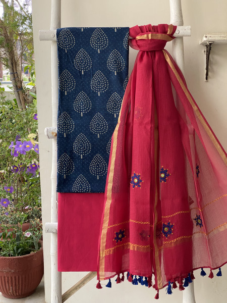 INDIGO & ROSE PHULWARI HAND EMBROIDERED KOTA DUPATTA SET
