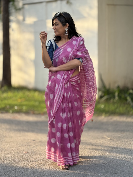 PINK HAND BLOCK PRINT COTTON KOTA SARI