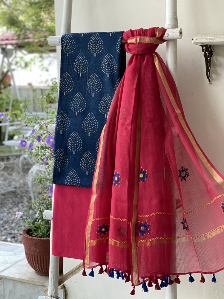 Image of INDIGO &amp; ROSE PHULWARI HAND EMBROIDERED KOTA DUPATTA SET