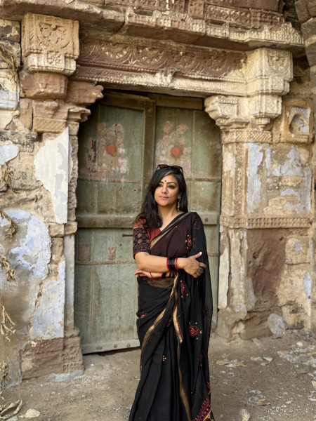 BLACK  KOTA COTTON HAND EMBROIDERED SARI