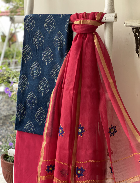 INDIGO & ROSE PHULWARI HAND EMBROIDERED KOTA DUPATTA SET