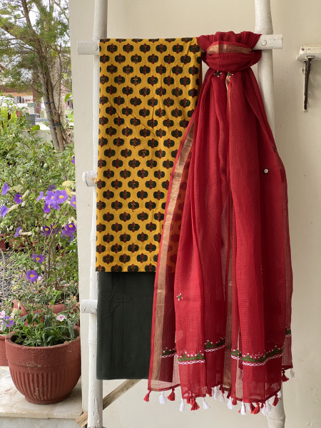 MUSTARD & RED PHULWARI HAND EMBROIDERED KOTA DUPATTA SET