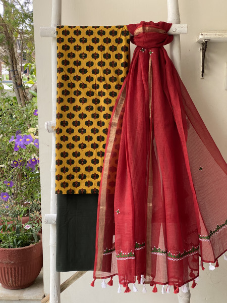 MUSTARD & RED PHULWARI HAND EMBROIDERED KOTA DUPATTA SET