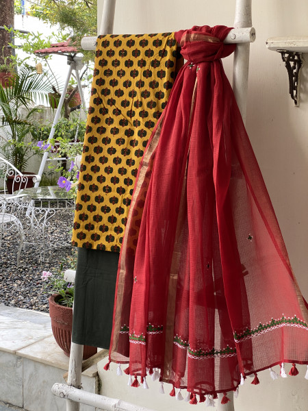 MUSTARD & RED PHULWARI HAND EMBROIDERED KOTA DUPATTA SET