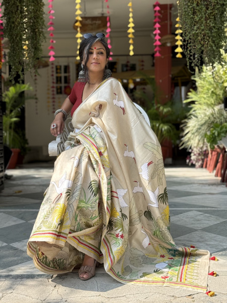 BEIGE KANTHA HAND EMBROIDERED TUSSAR  SILK SARI