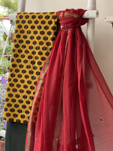 MUSTARD & RED PHULWARI HAND EMBROIDERED KOTA DUPATTA SET