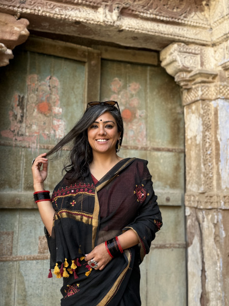 BLACK  KOTA COTTON HAND EMBROIDERED SARI