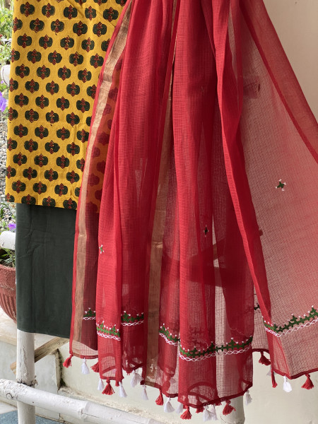 MUSTARD & RED PHULWARI HAND EMBROIDERED KOTA DUPATTA SET