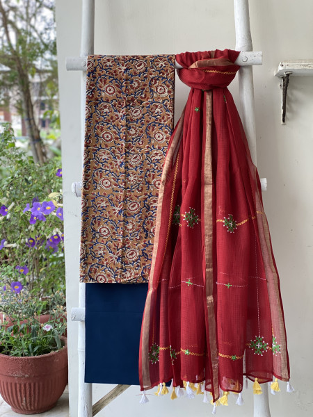 FAWN & RED PHULWARI HAND EMBROIDERED KOTA DUPATTA SET