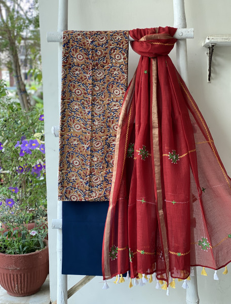 FAWN & RED PHULWARI HAND EMBROIDERED KOTA DUPATTA SET