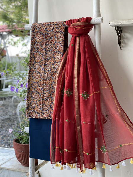 FAWN & RED PHULWARI HAND EMBROIDERED KOTA DUPATTA SET