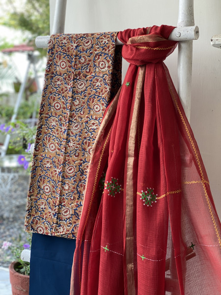 FAWN & RED PHULWARI HAND EMBROIDERED KOTA DUPATTA SET