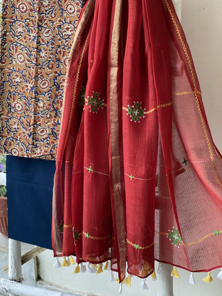 FAWN & RED PHULWARI HAND EMBROIDERED KOTA DUPATTA SET