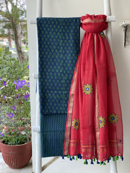 INDIGO & RED PHULWARI HAND EMBROIDERED KOTA DUPATTA SET