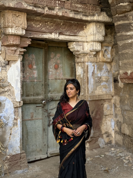 BLACK  KOTA COTTON HAND EMBROIDERED SARI