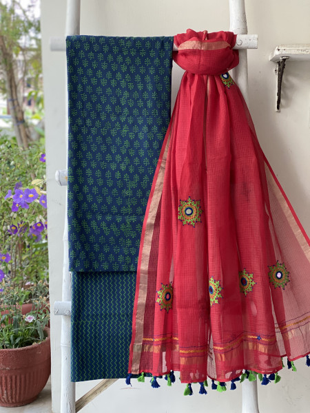 INDIGO & RED PHULWARI HAND EMBROIDERED KOTA DUPATTA SET