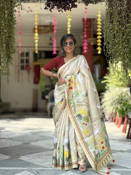 BEIGE KANTHA HAND EMBROIDERED TUSSAR  SILK SARI