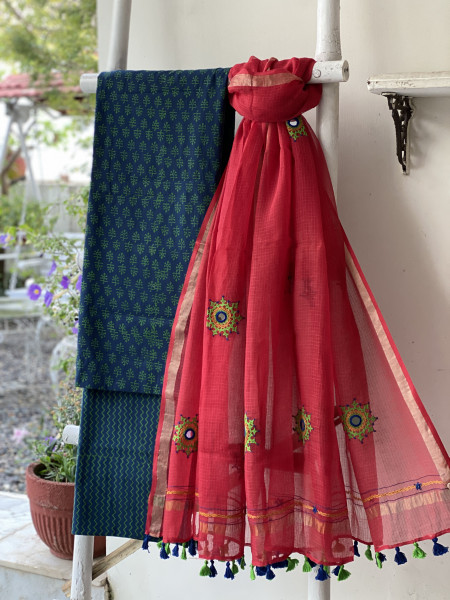 INDIGO & RED PHULWARI HAND EMBROIDERED KOTA DUPATTA SET