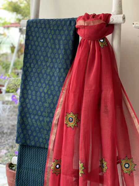 INDIGO & RED PHULWARI HAND EMBROIDERED KOTA DUPATTA SET