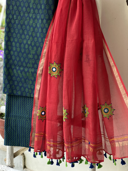 INDIGO & RED PHULWARI HAND EMBROIDERED KOTA DUPATTA SET