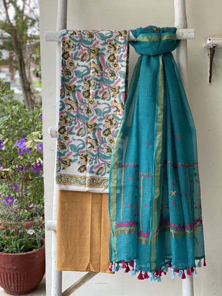 OFF WHITE & AQUA PHULWARI HAND EMBROIDERED KOTA DUPATTA SET