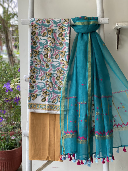 OFF WHITE & AQUA PHULWARI HAND EMBROIDERED KOTA DUPATTA SET