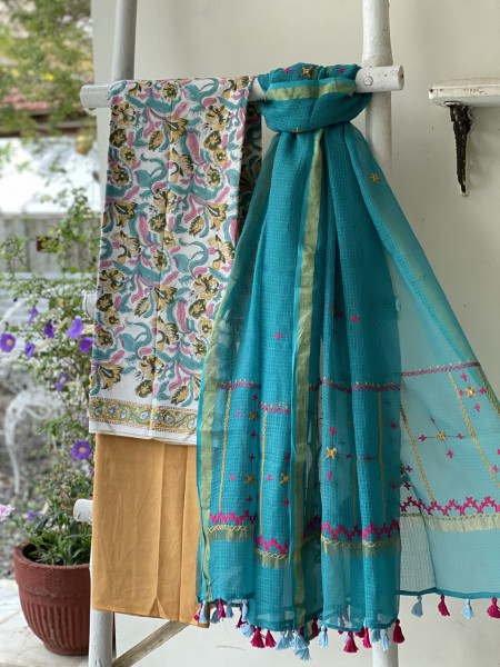 OFF WHITE & AQUA PHULWARI HAND EMBROIDERED KOTA DUPATTA SET