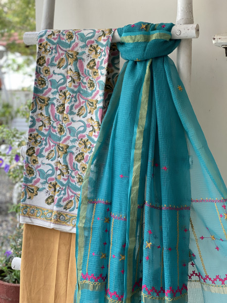 OFF WHITE & AQUA PHULWARI HAND EMBROIDERED KOTA DUPATTA SET