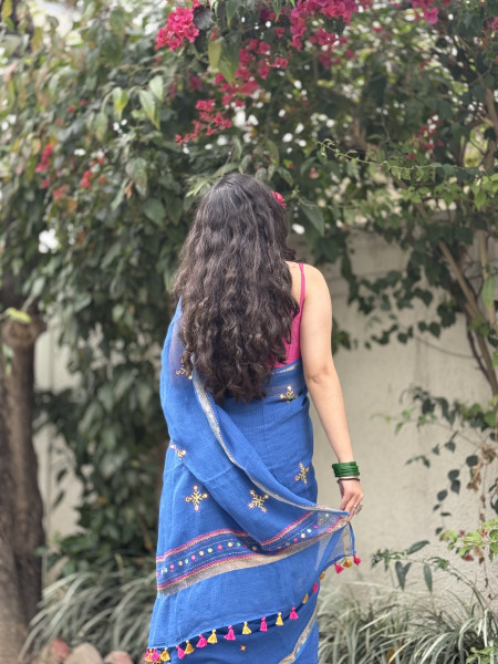 BLUE KOTA COTTON HAND EMBROIDERED SARI