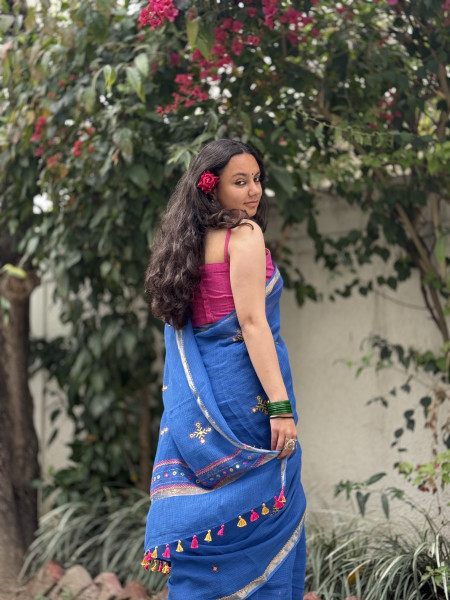BLUE KOTA COTTON HAND EMBROIDERED SARI